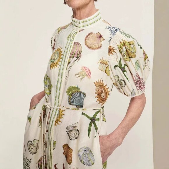 BOHEMIAN L SEALIFE PRINT FAIRY DRESS. PUFF SLEEVE MIDWAIST STANDING COLLAR MIDI - Picture 1 of 9